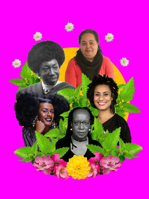 Five women of colour are arranged in a circle, separated by leaves. Two images are black and white and the other three in colour. They are against a yellow disc within a neon-purple field.