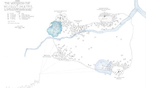Map. Two lakes and a river are mostly within an area outlined with a dotted line. The details on the map and much of the legend, aside from the title, in the upper left corner are difficult to read in this image. The map seems to unfold from a graph like a seismogram in the lower left corner.