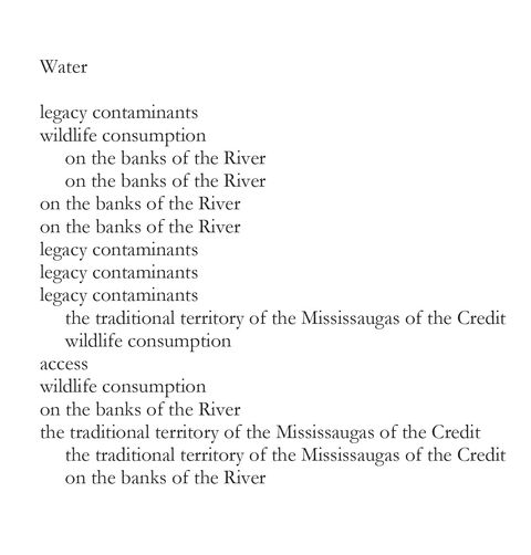 Poem. Black text against white has mostly a short phrase or single word on each line. Here the line breaks are indicated with a backslash. Text reads, “Water/ legacy contaminants/ on the banks of the River/ on the banks of the River/ on the banks of the River/ on the banks of the River/ legacy contaminants/ legacy contaminants/ legacy contaminants/ the traditional territory of the Mississaugas of the Credit wildlife consumption/ access/ wildlife consumption/ on the banks of the River/ the traditional territory of the Mississaugas of the Credit/ the traditional territory of the Mississaugas of the Credit/ on the banks of the River”.