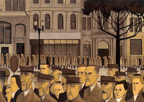 Painting. Dozens of men and women, all with yellow-tinged pale skin, walk in two rows on either side of a street, passing from right to left in front of us. The column of people closer to us have differentiated facial features but all wear brown or black coats, and many wear flat-topped hats. Those in the procession on the far side of the street have triangular dabs of yellowish-peach for faces and they all wear brown or black coats.