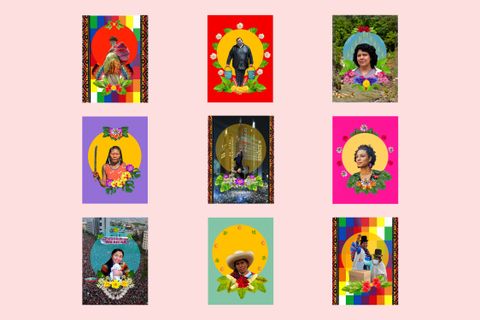 Digital collages. Nine portraits show people with medium skin against vividly coloured backgrounds. Some are made up of solid blocks of colour and others are backed by images like aerial views of crowds or fire and smoke.